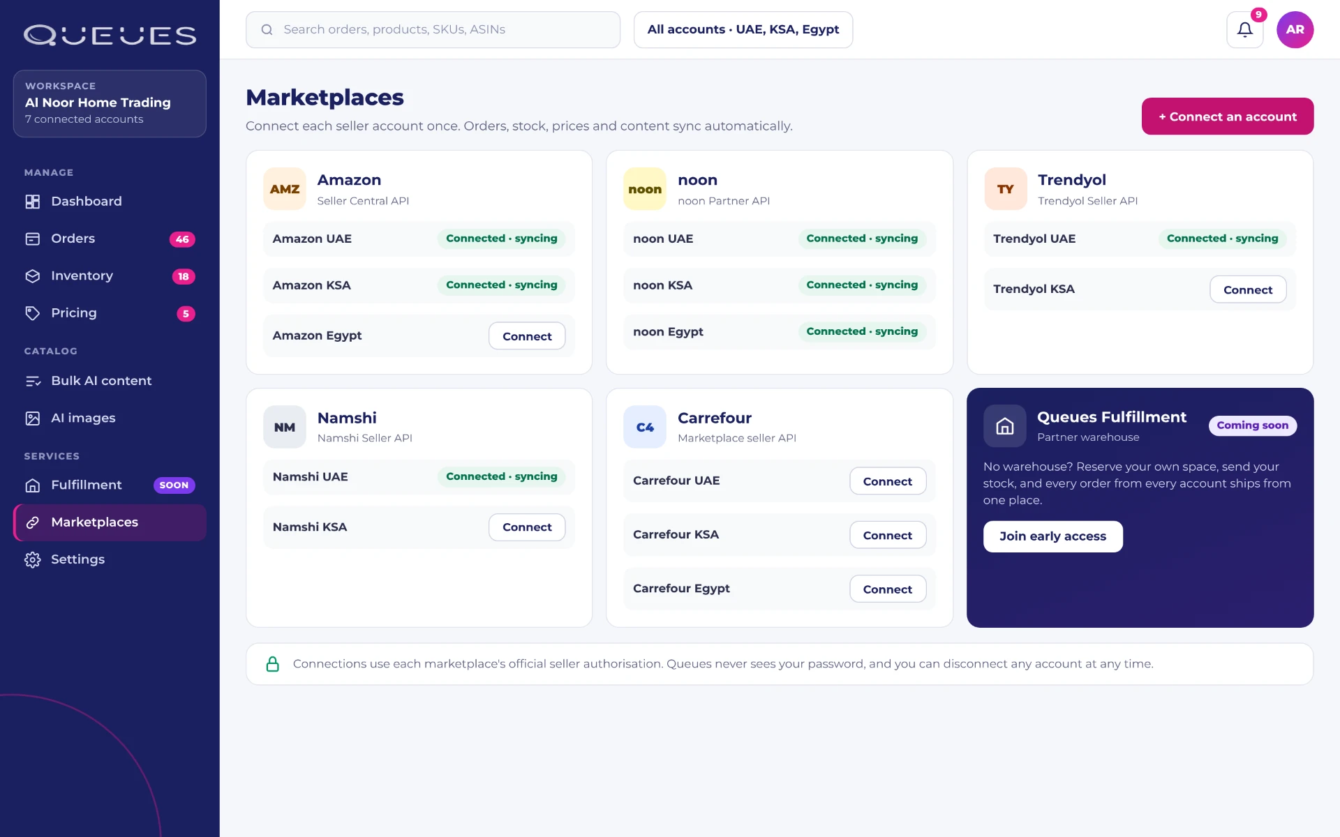 Queues One Marketplaces screen
